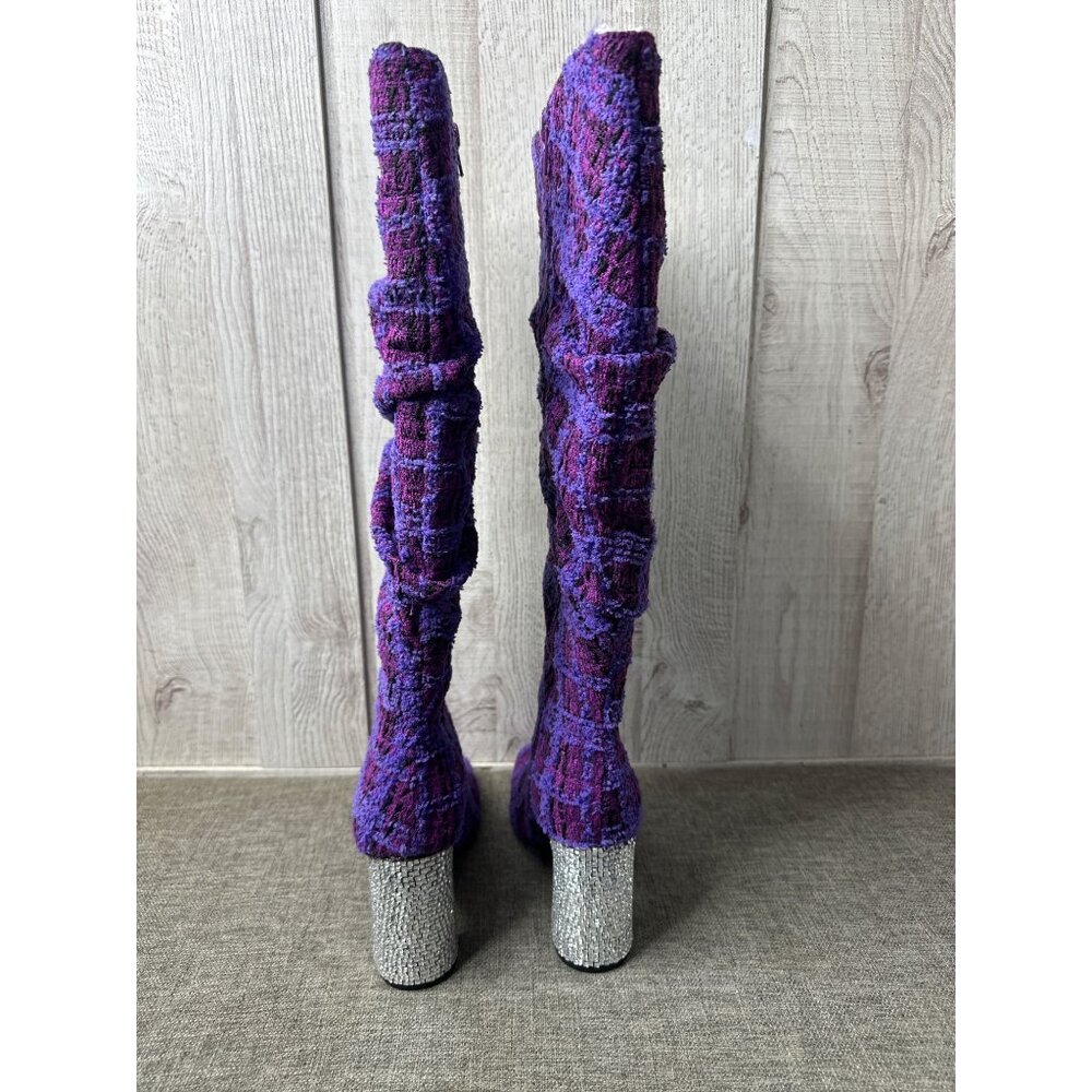 Betsey Johnson Womens 6.5 Purple Tweed Plaid Knee High Boots w/ Rhinestone Heels - Picture 3 of 12